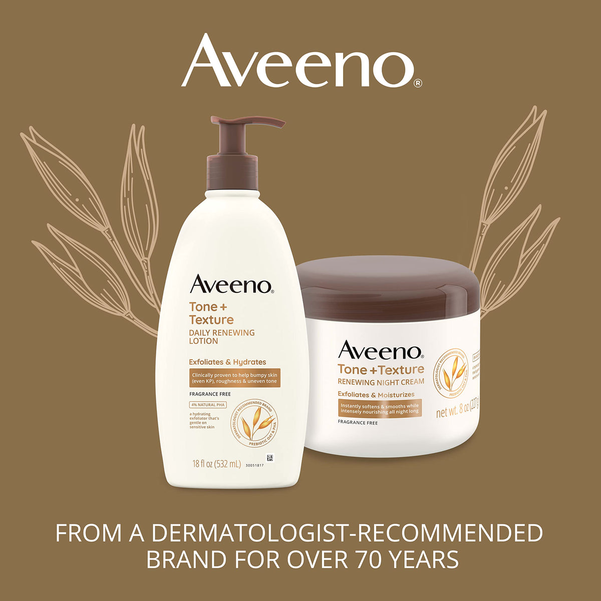 Aveeno jar beside whole oats and PHA chemistry visual highlighting natural and effective actives