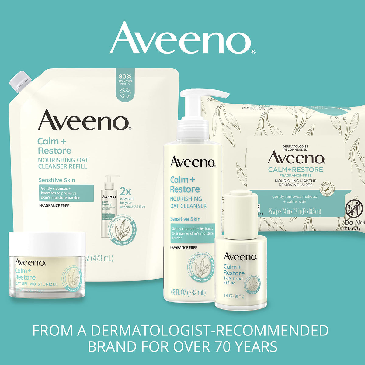 Aveeno bottle beside oats emphasizing oat oil soothing and nourishing benefit