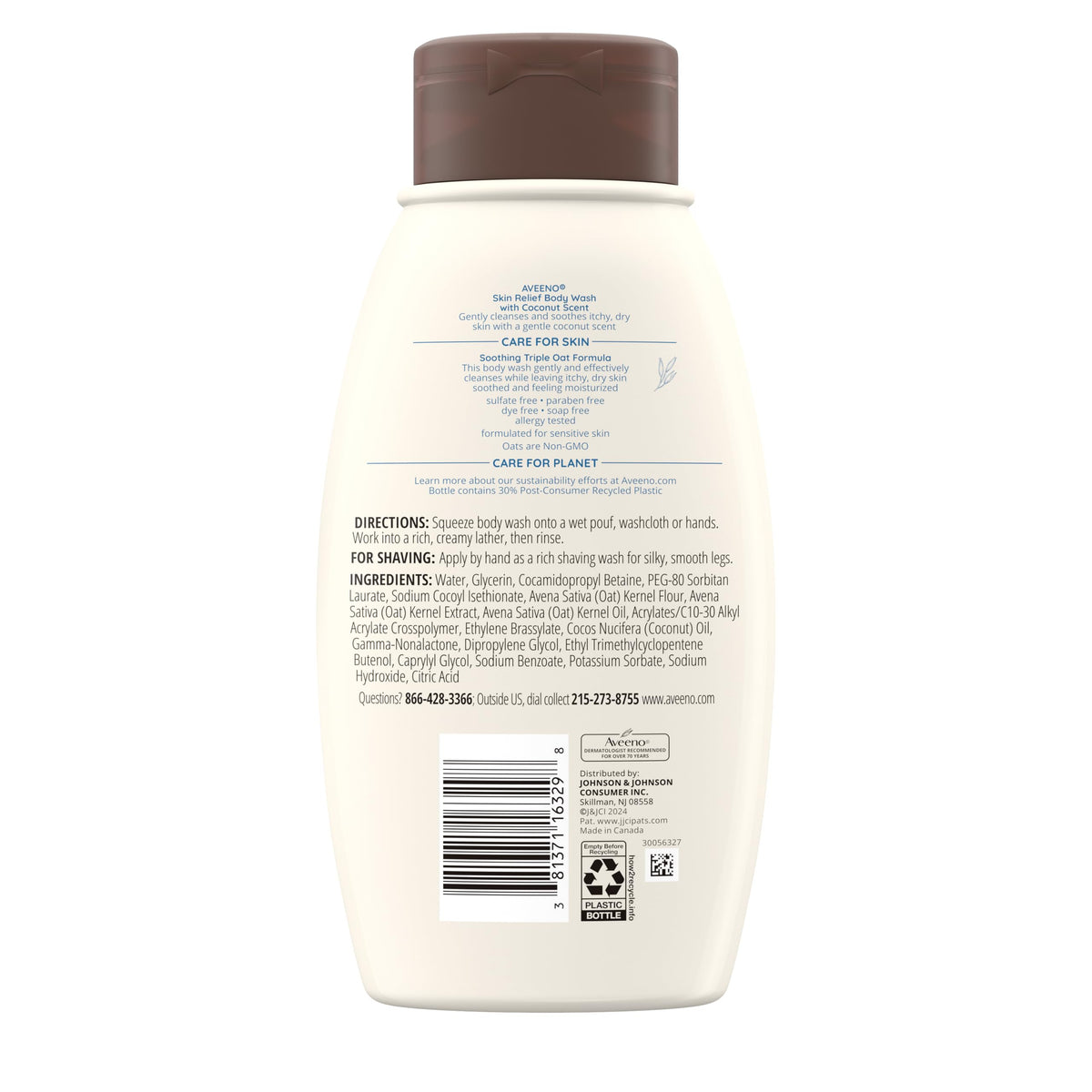 Aveeno bottle side profile on bath shelf showing convenient storage benefit