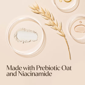 Aveeno bottle beside oats and niacinamide illustrating key ingredients