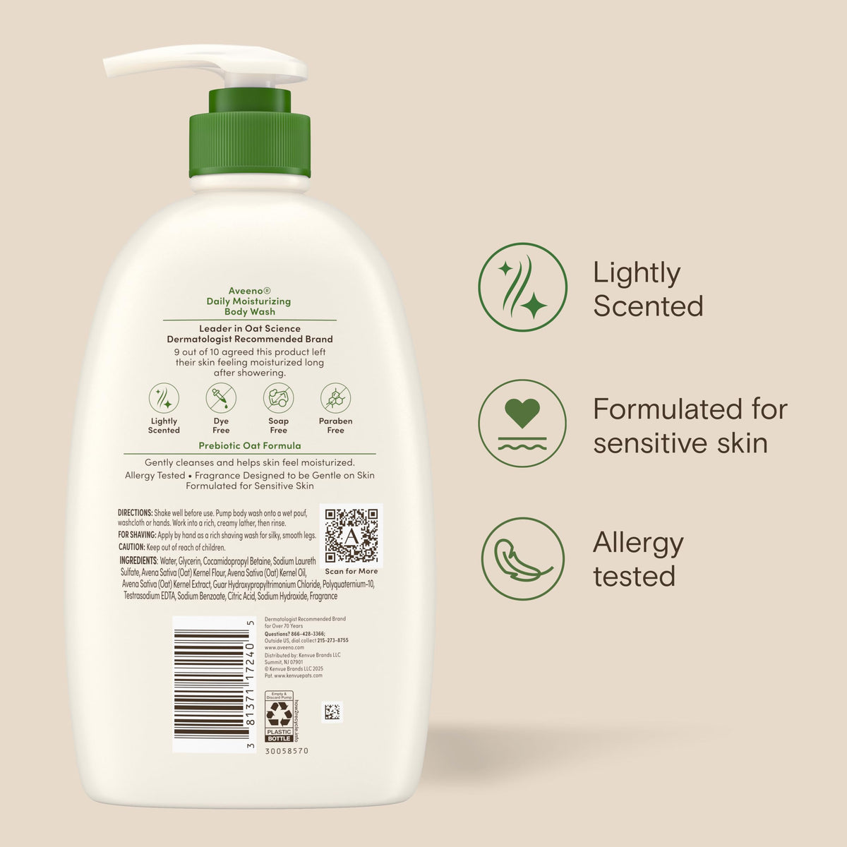 Aveeno bottle beside oats visual representing prebiotic oat ingredient