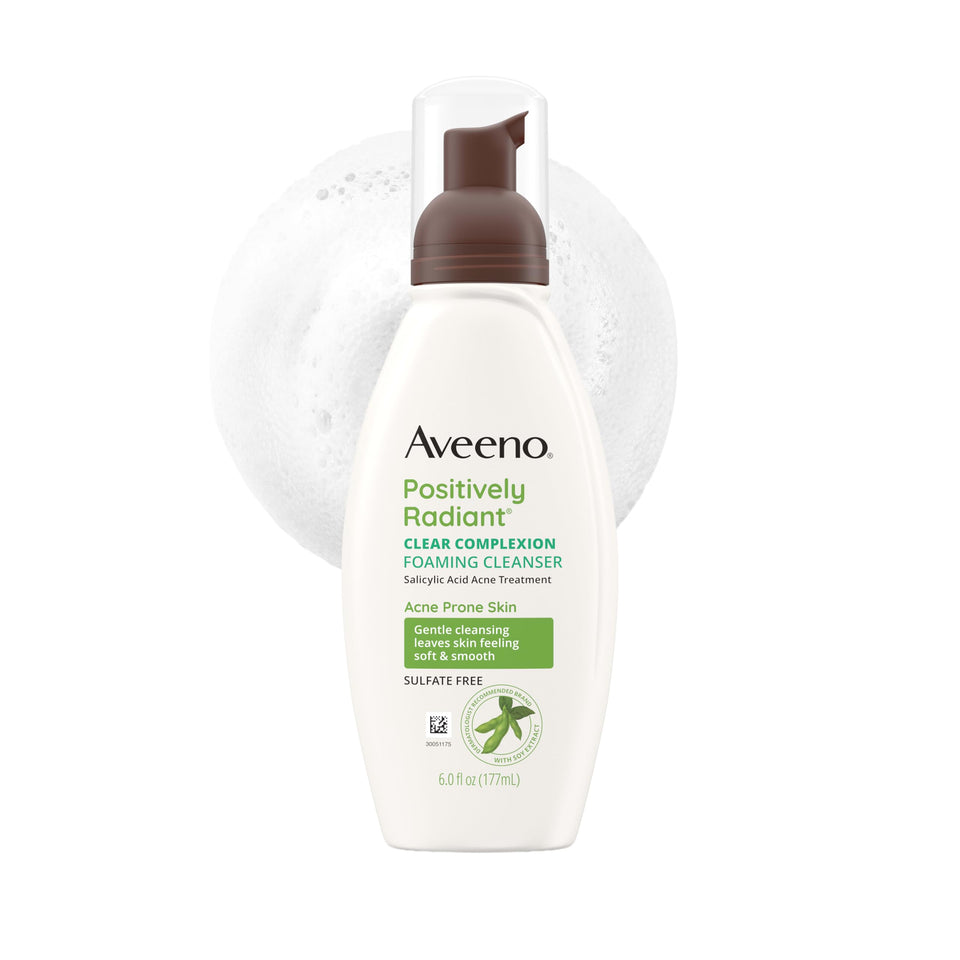 Aveeno cleanser front view showing 6 oz pump and clear benefits