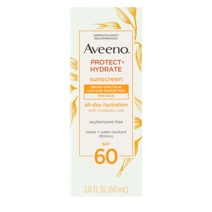 Aveeno front packaging showing SPF 60 protection and travel benefits
