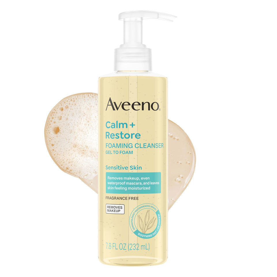 Aveeno front packaging showing cleanser bottle and calming branding
