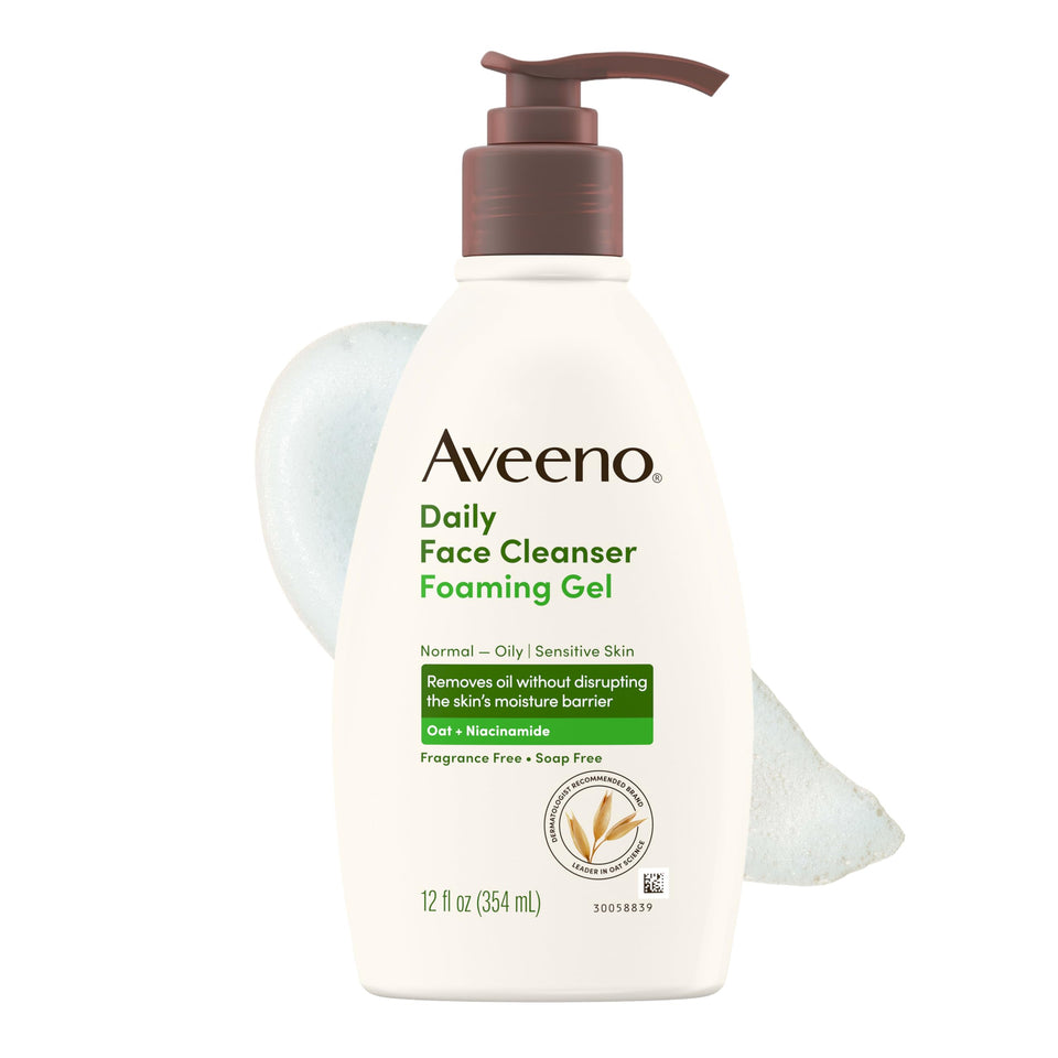 Aveeno foaming gel front packaging showing clean bottle and benefit