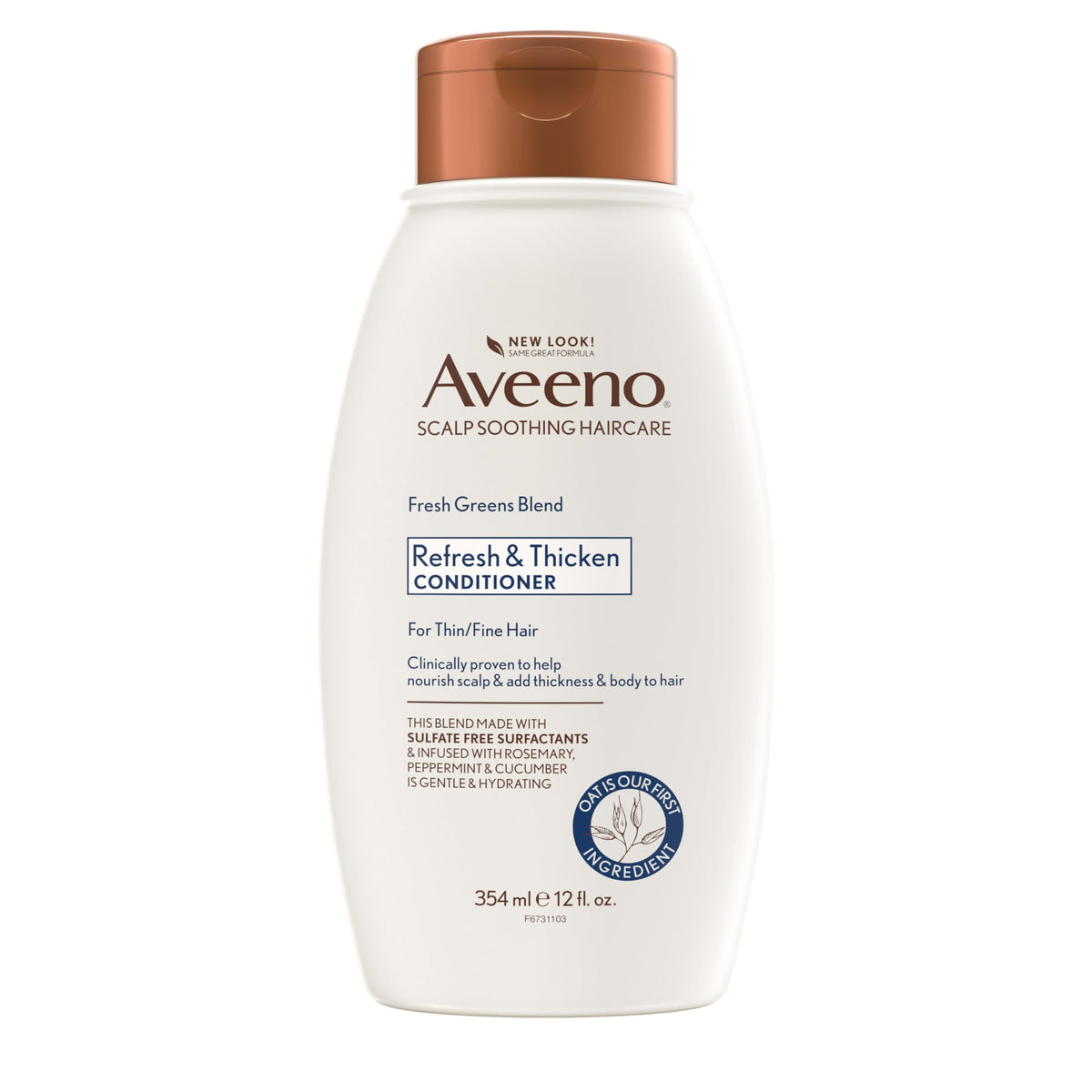 Aveeno front packaging showing Fresh Greens conditioner for volumizing benefits