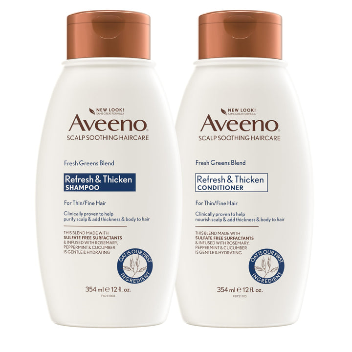 Aveeno front packaging showing Fresh Greens duo and clear product benefit