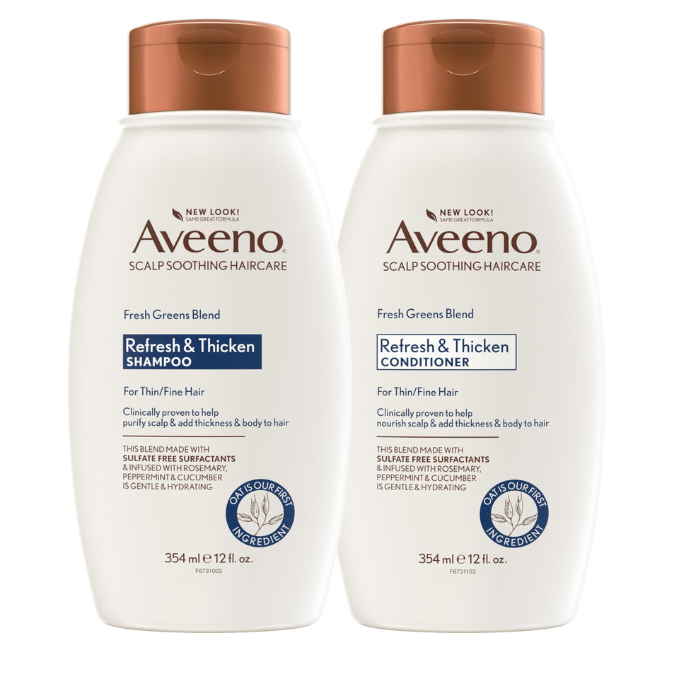 Aveeno front packaging showing Fresh Greens duo and clear product benefit