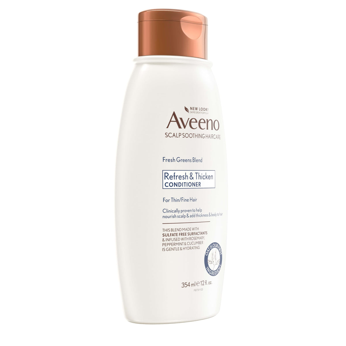 Hand holding 12 fl oz Aveeno bottle to show size and travel-friendly scale
