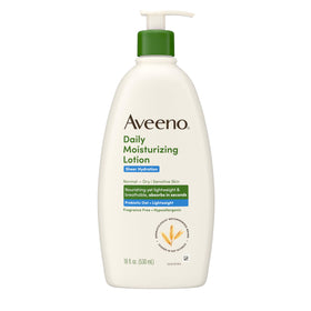 Aveeno front bottle 18 fl oz showing product and ease of use