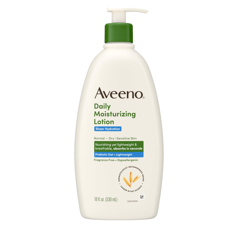 Aveeno front bottle 18 fl oz showing product and ease of use