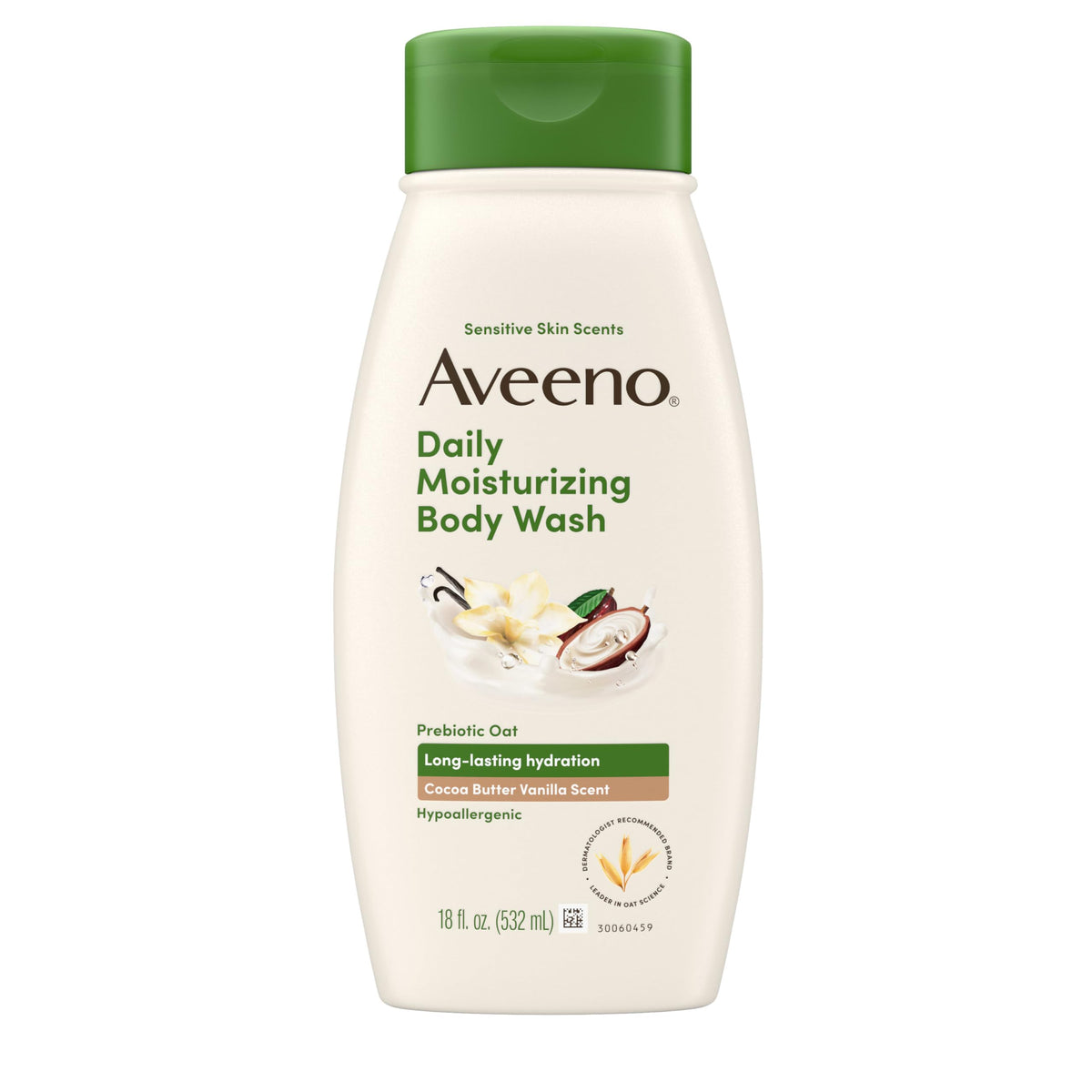 Aveeno front bottle showing label and soothing cocoa butter scent benefit