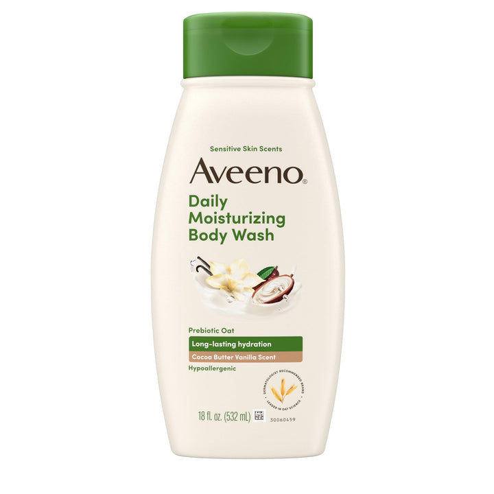 Aveeno front bottle showing label and soothing cocoa butter scent benefit
