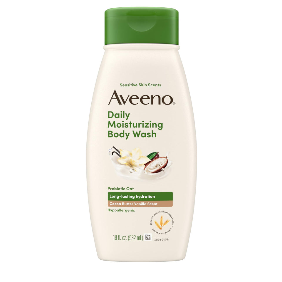 Aveeno front bottle showing label and soothing cocoa butter scent benefit