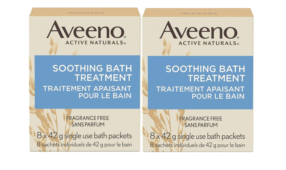 Aveeno front box packshot showing packets and brand for soothing relief