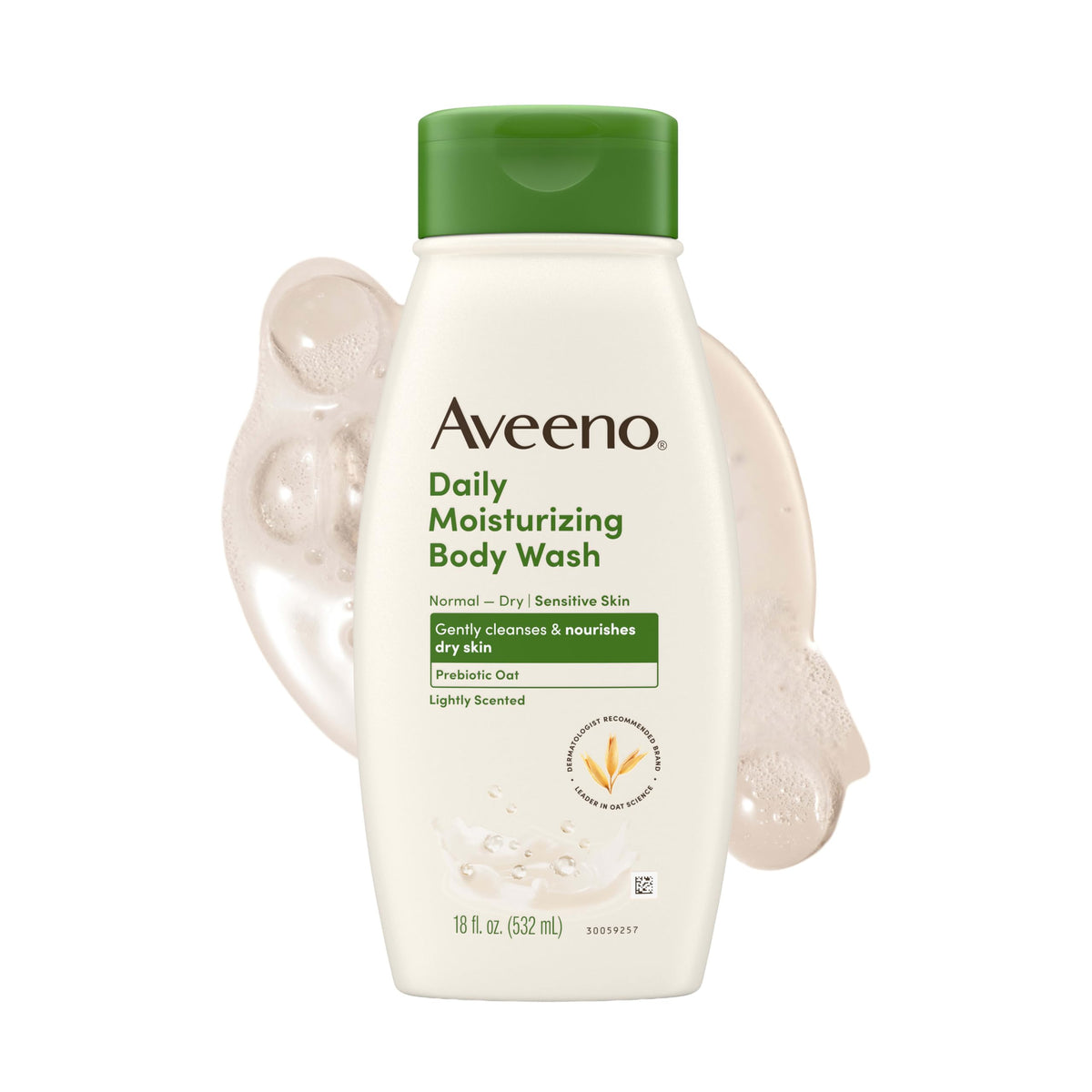 Aveeno front label of 18 fl oz bottle showing product name and gentle benefits