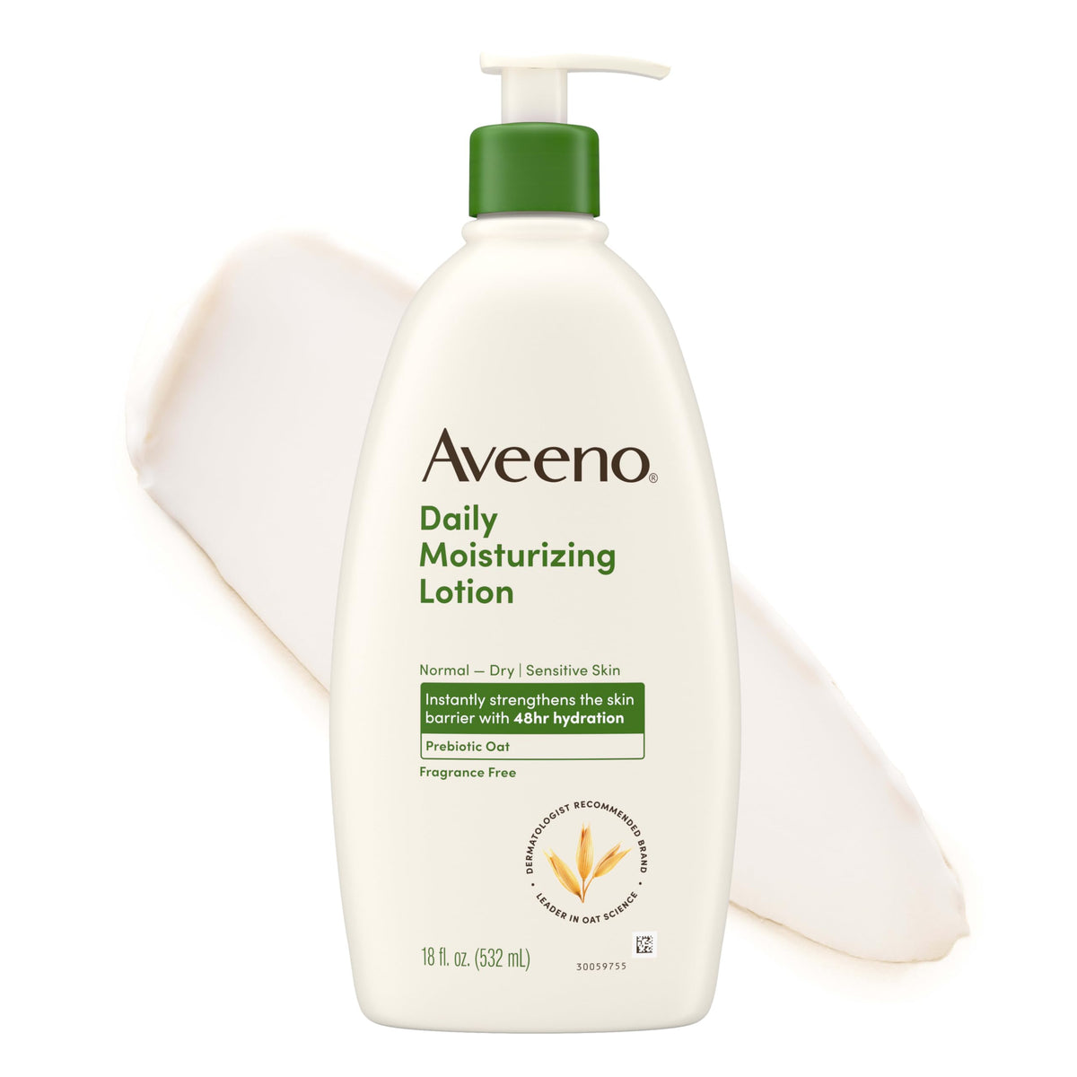 Aveeno front label showing 18 fl oz and benefits for hydrated skin
