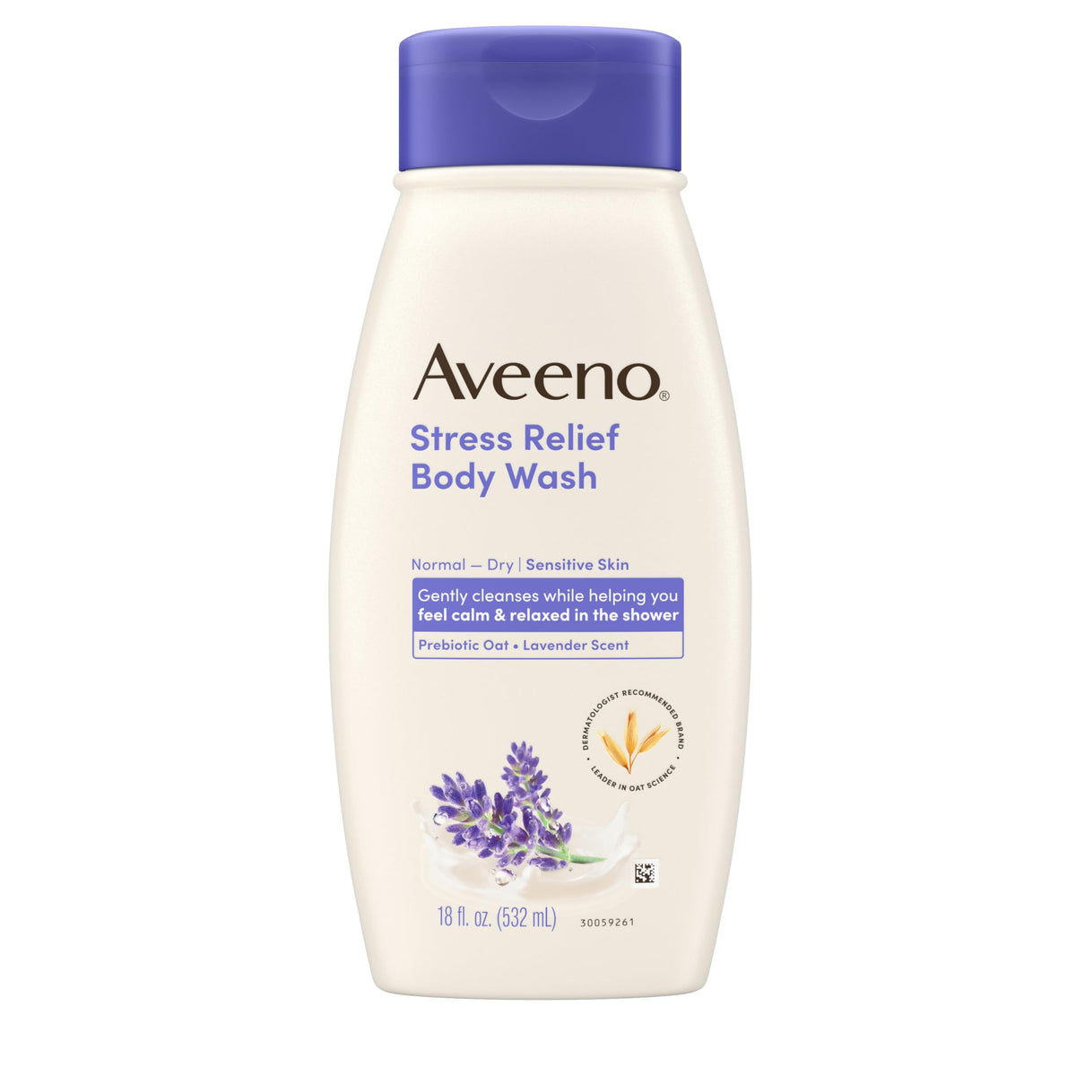 Aveeno front label showing stress relief body wash and calming lavender scent, promotes gentle cleansing