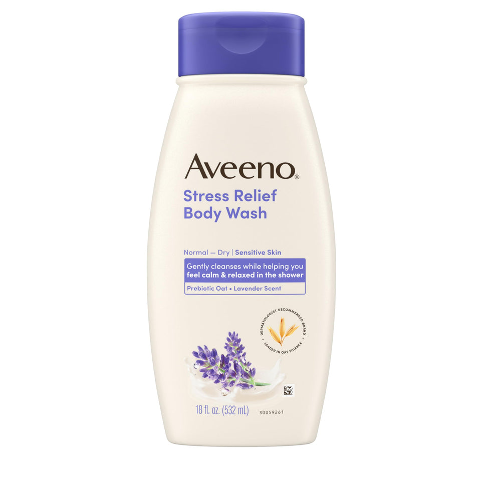Aveeno front label showing stress relief body wash and calming lavender scent, promotes gentle cleansing