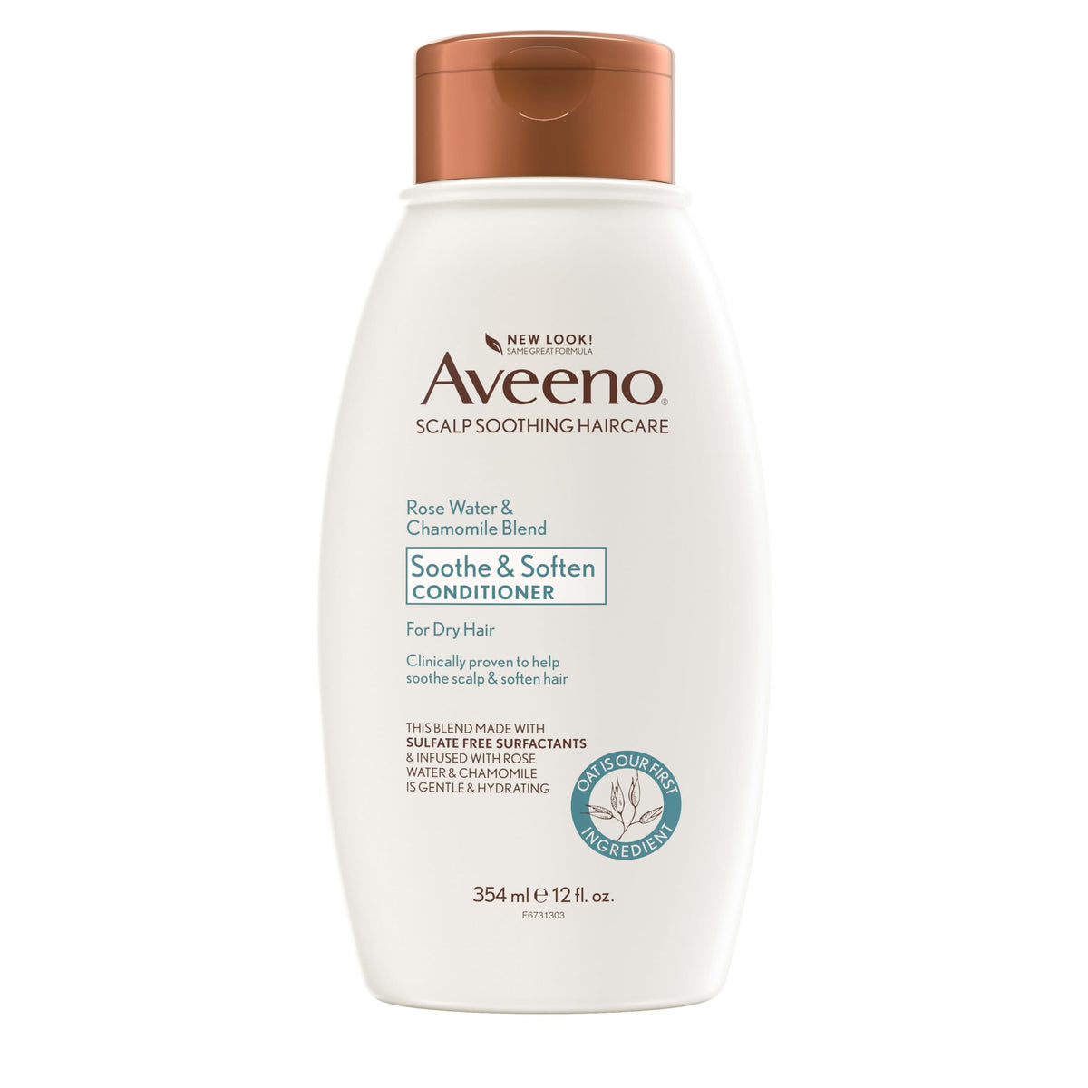 Aveeno bottle front view showing rose water chamomile and gentle conditioner benefits