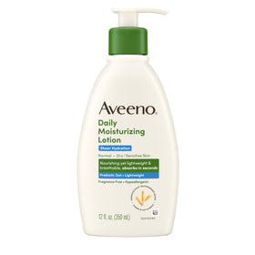 Aveeno front packaging 12 oz bottle shows clean fragrance-free design