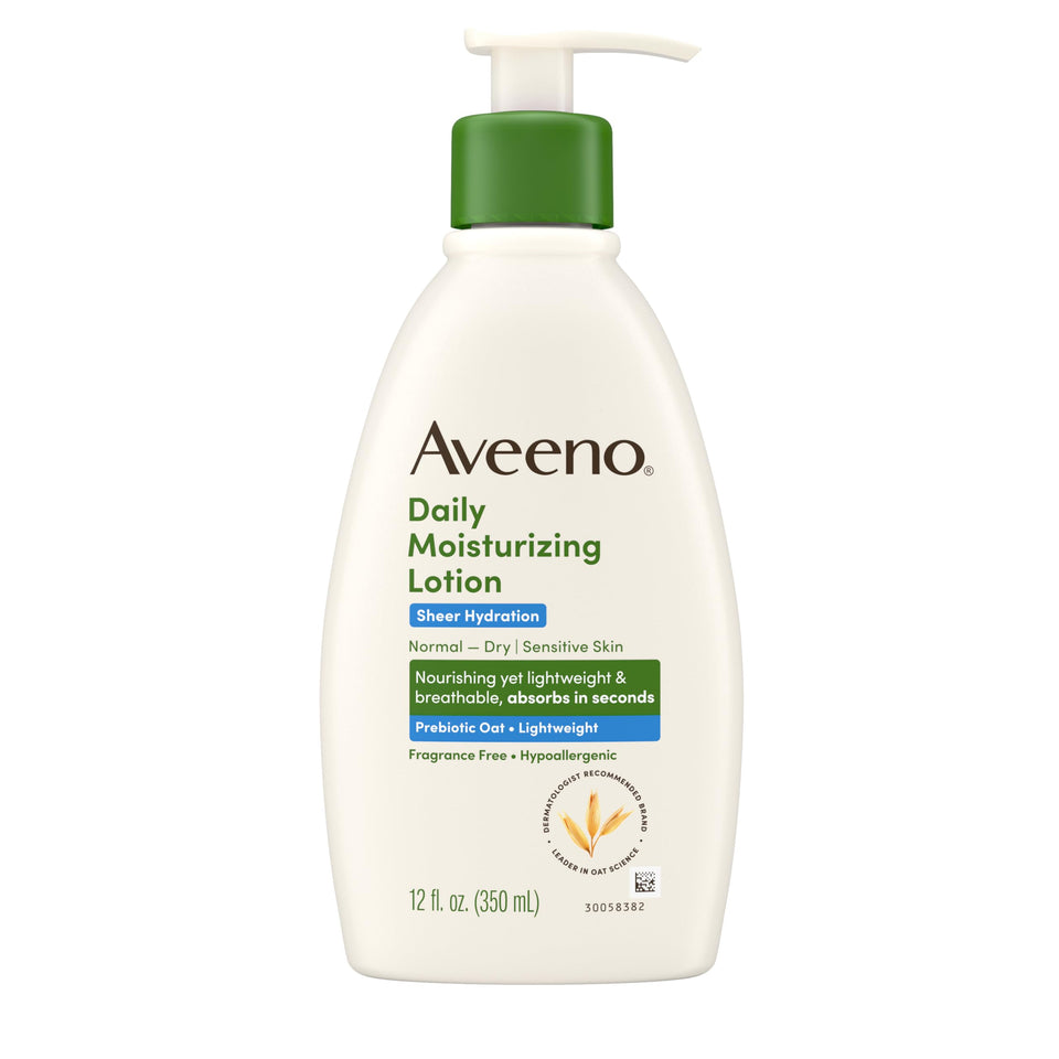 Aveeno front packaging 12 oz bottle shows clean fragrance-free design