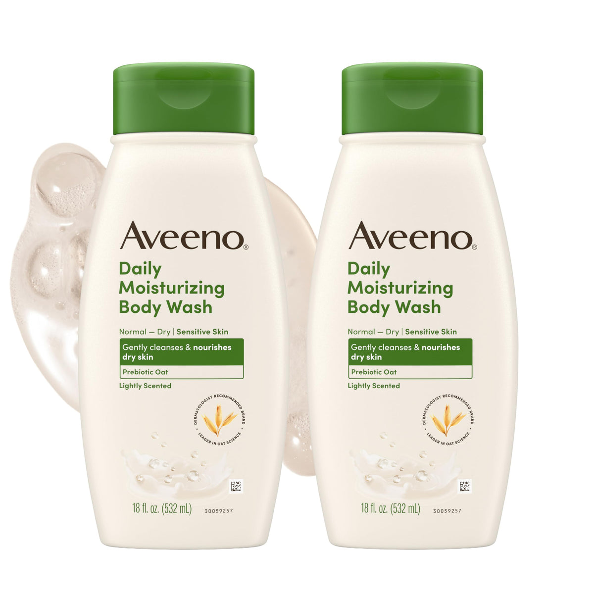 Aveeno front packaging showing 18 fl oz two-pack and clear benefits
