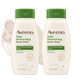 Aveeno front packaging showing 18 fl oz two-pack and clear benefits
