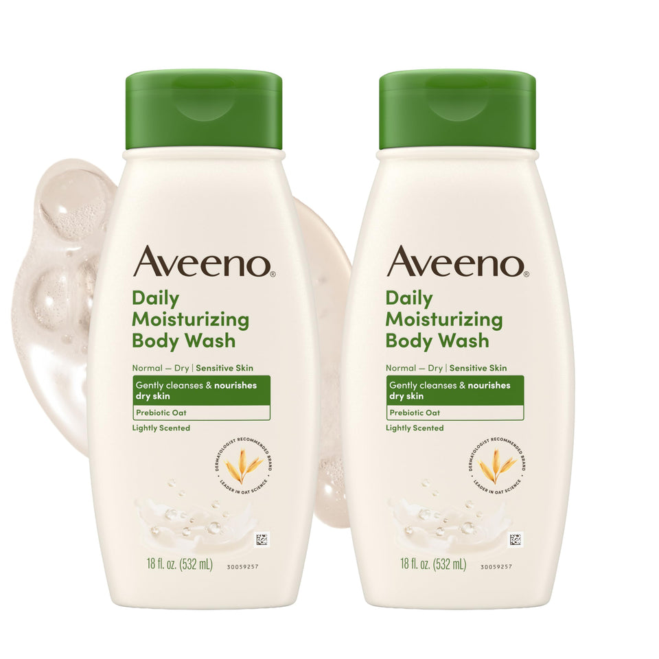 Aveeno front packaging showing 18 fl oz two-pack and clear benefits