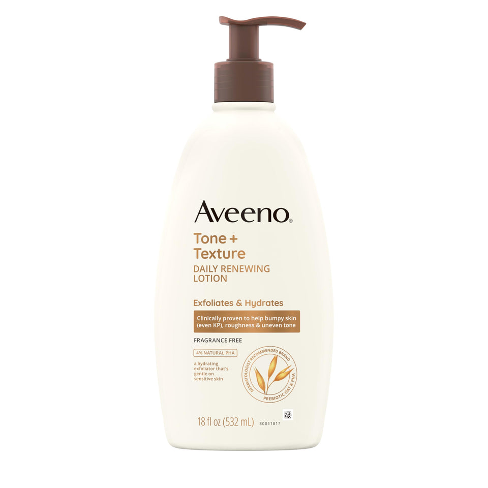 Aveeno front packaging showing 18 fl oz bottle and product name benefits