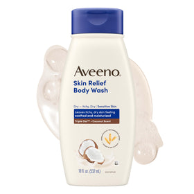 Aveeno front packaging showing 18 fl oz bottle and gentle coconut scent benefit
