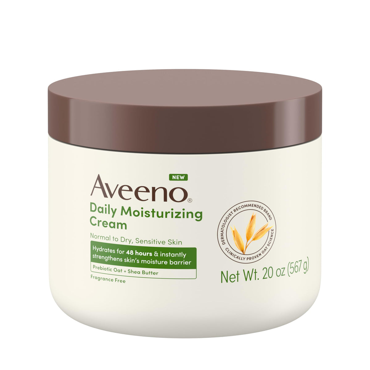 Aveeno jar front packaging showing product name and size benefits
