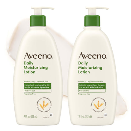 Aveeno front packaging two-bottle value pack showing label and size benefits