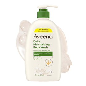 Aveeno front packaging 33 oz bottle showing product benefits