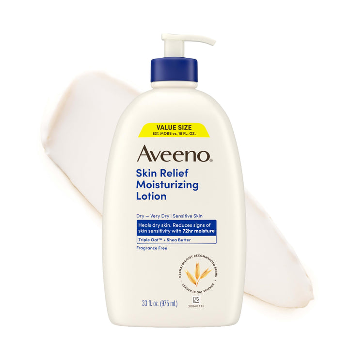 Aveeno front packaging 33oz showing product and benefit of long-lasting hydration