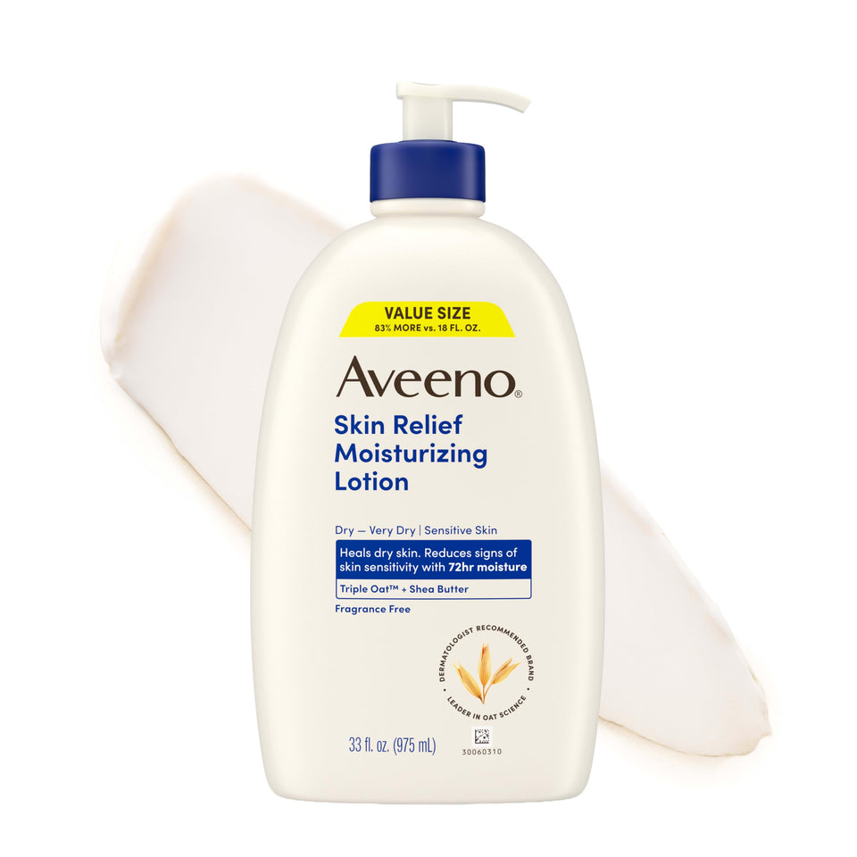Aveeno front packaging 33oz showing product and benefit of long-lasting hydration