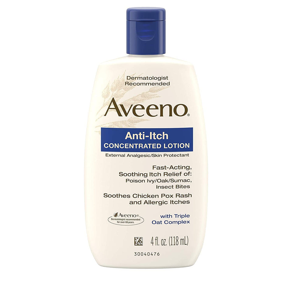 Aveeno front packaging 4 fl oz showing compact travel friendly bottle and use