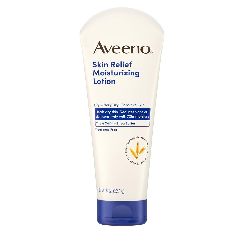 Aveeno front packaging 8 oz bottle showing product and label, soothing hydration