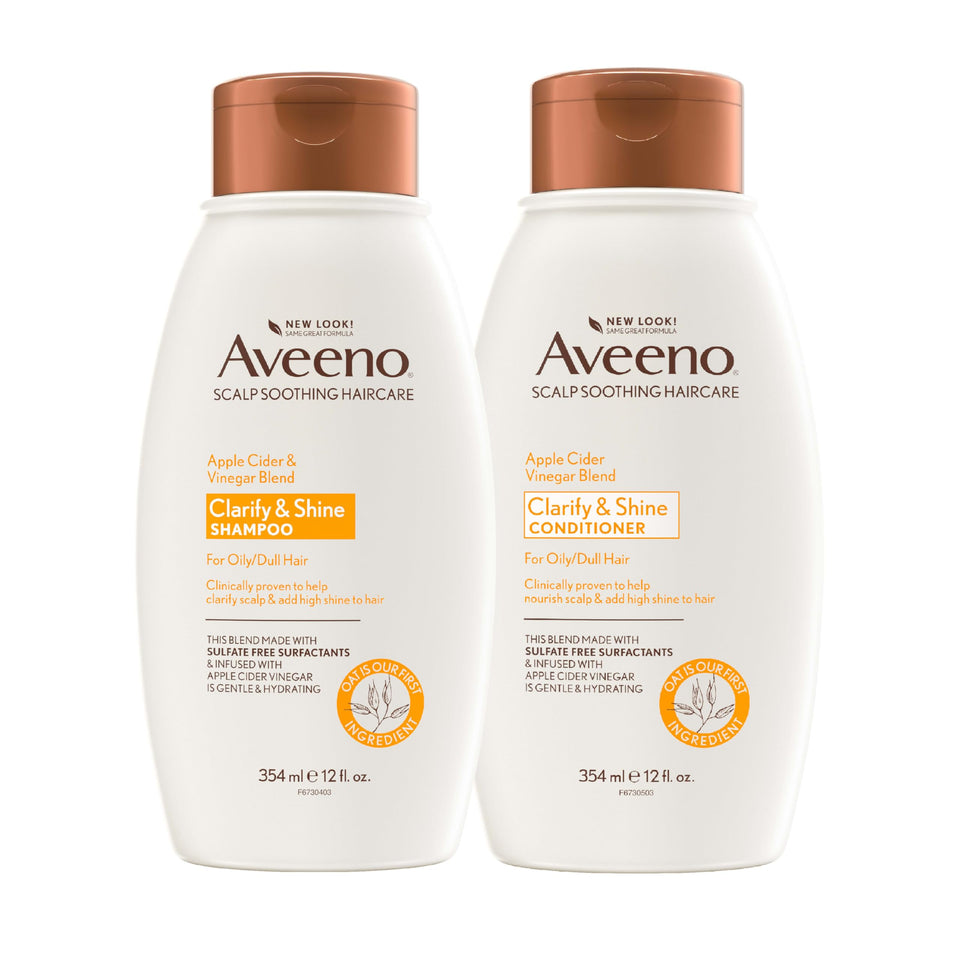Aveeno front packaging showing both bottles for clarifying and shine