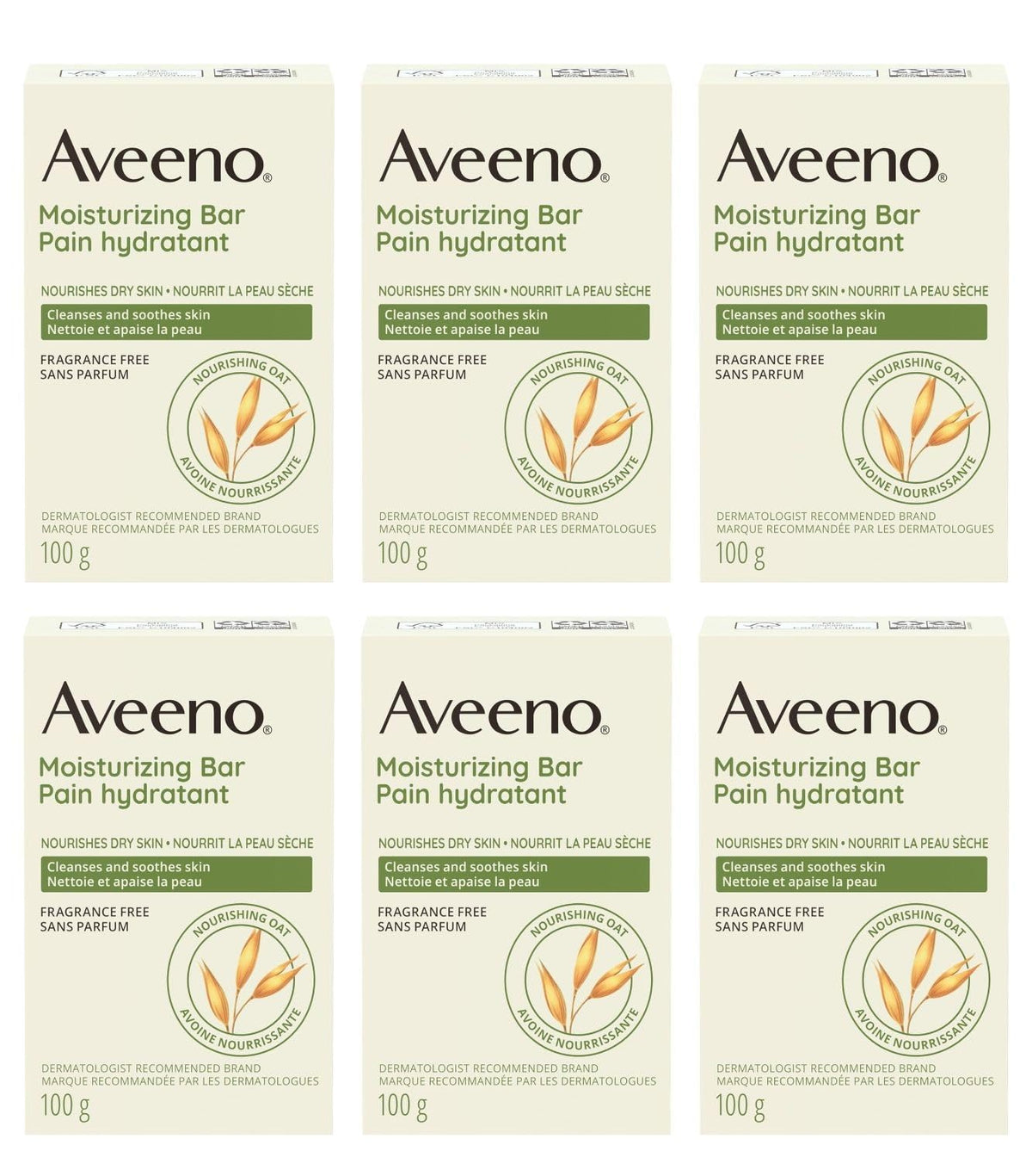 Aveeno front packaging showing six moisturizing cleansing bars and benefits