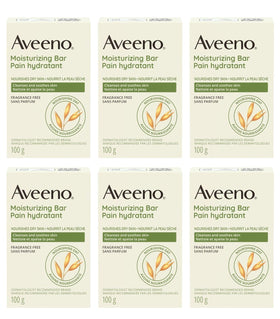 Aveeno front packaging showing six moisturizing cleansing bars and benefits