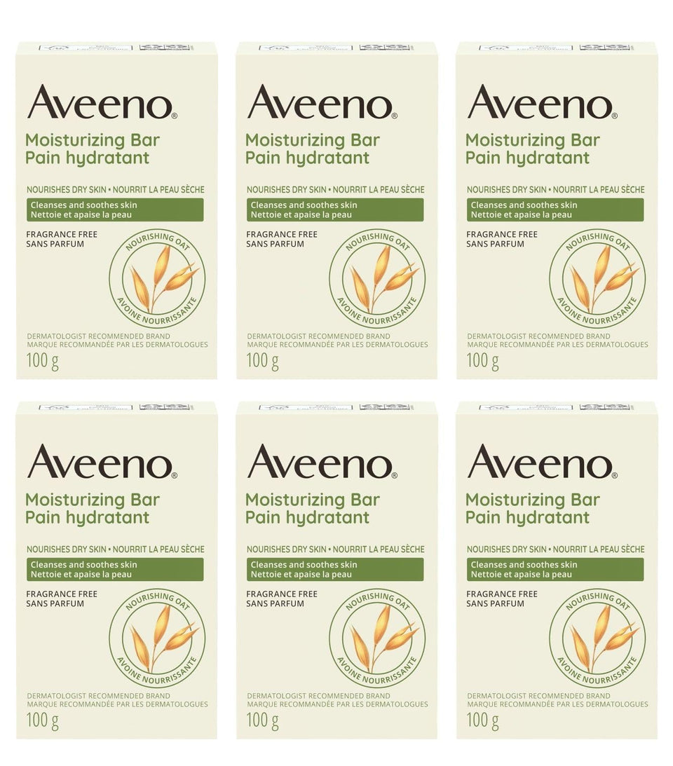 Aveeno front packaging showing six moisturizing cleansing bars and benefits
