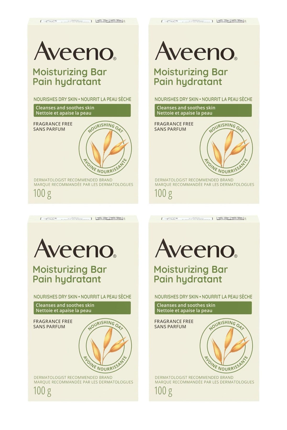 Aveeno front packaging showing a single moisturizing cleansing bar benefit: gentle cleansing
