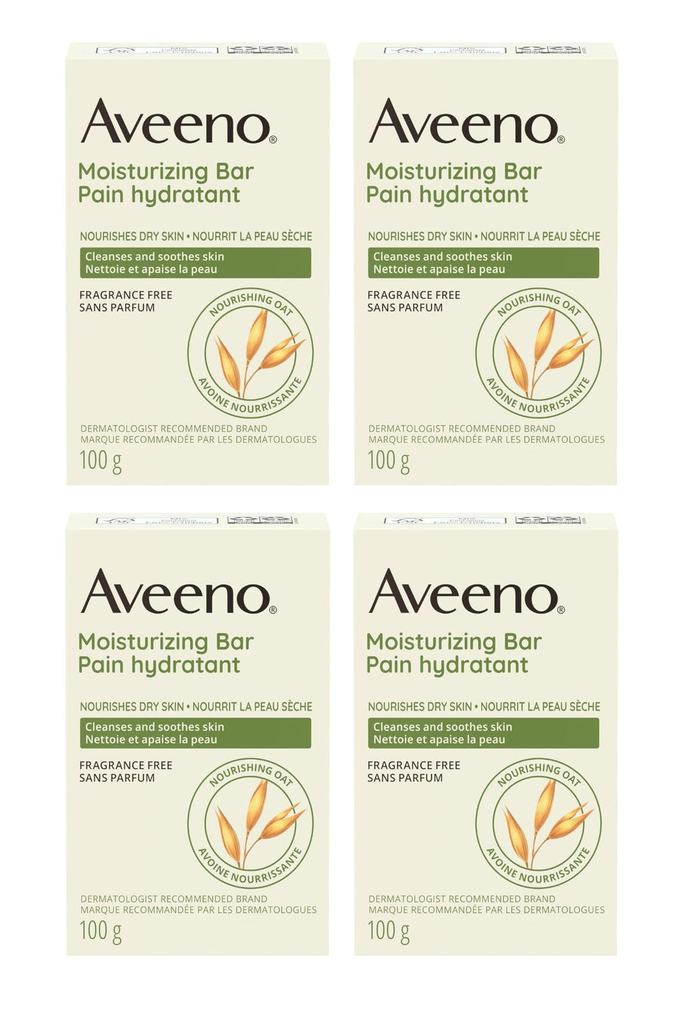 Aveeno front packaging showing a single moisturizing cleansing bar benefit: gentle cleansing