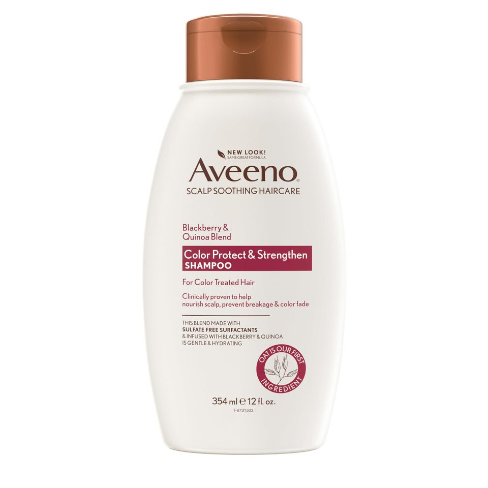 Aveeno front packaging showing blackberry quinoa shampoo and benefits