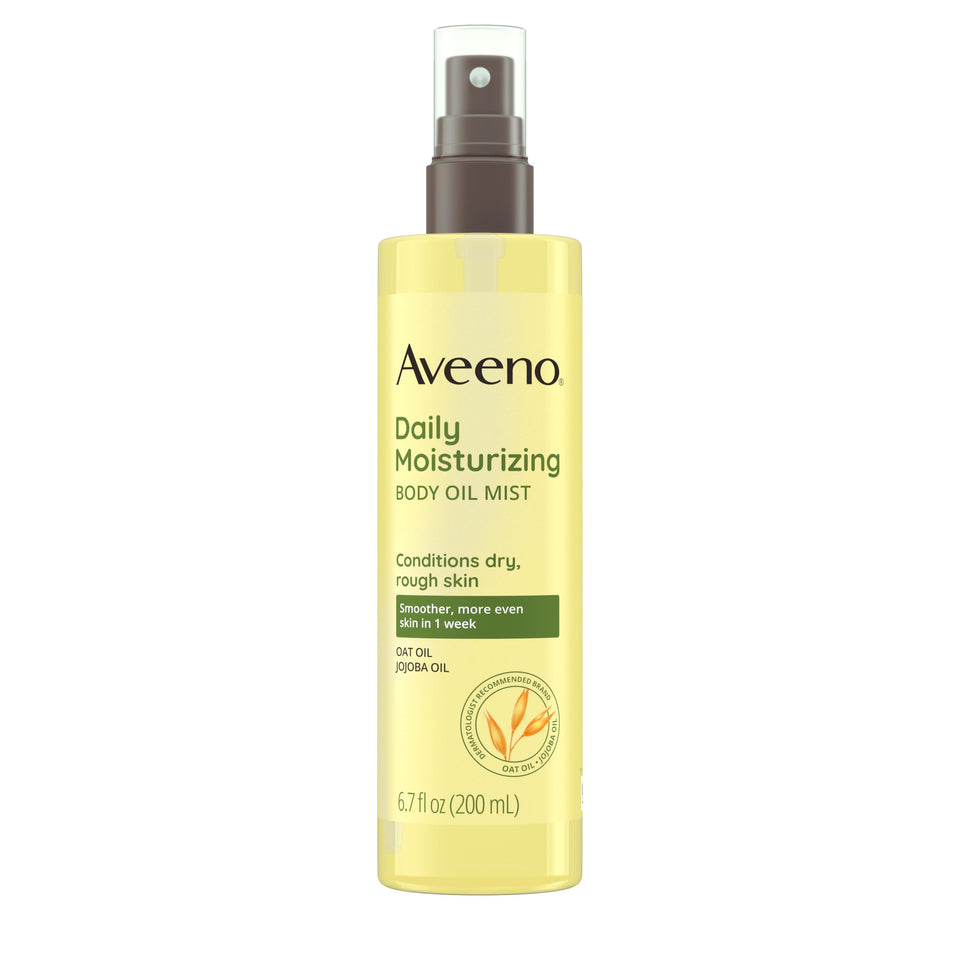 Aveeno front packaging showing body oil mist for hydration and gentle care