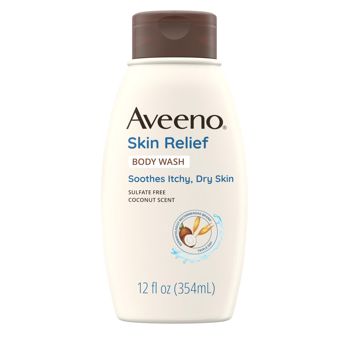 Aveeno front packaging showing coconut-scented body wash benefits