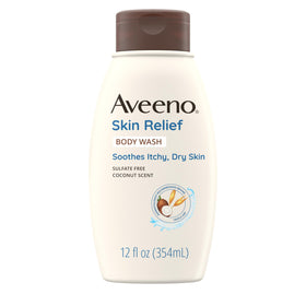 Aveeno front packaging showing coconut-scented body wash benefits