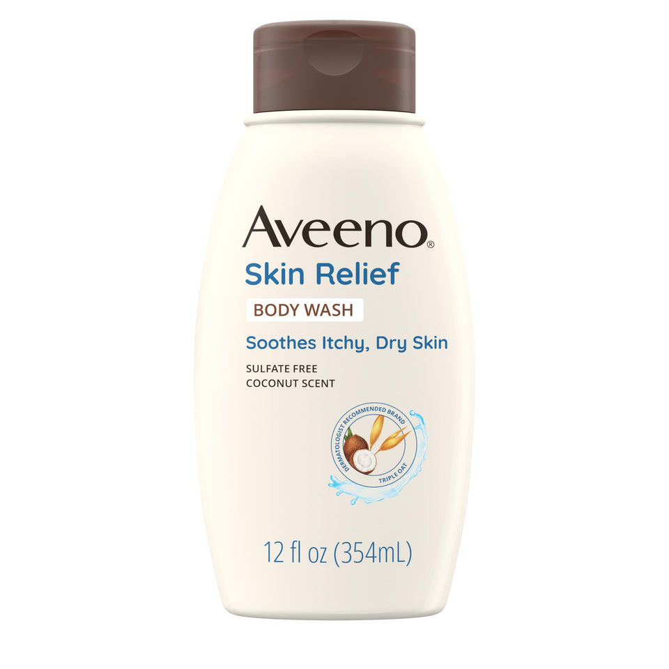 Aveeno front packaging showing coconut-scented body wash benefits
