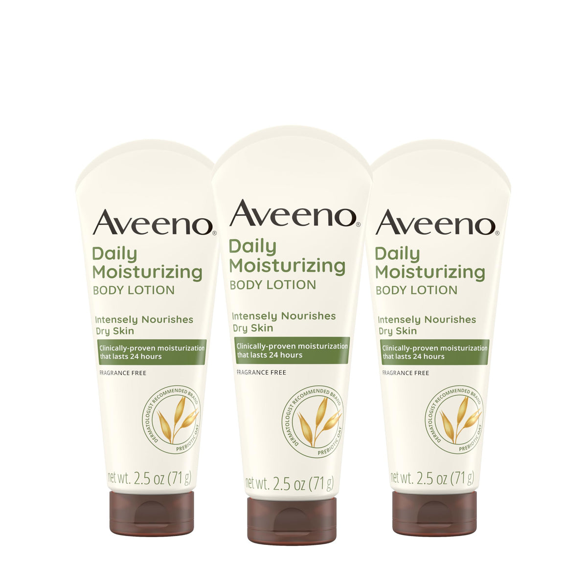 Aveeno front packaging three-pack showing travel-size bottles and benefits